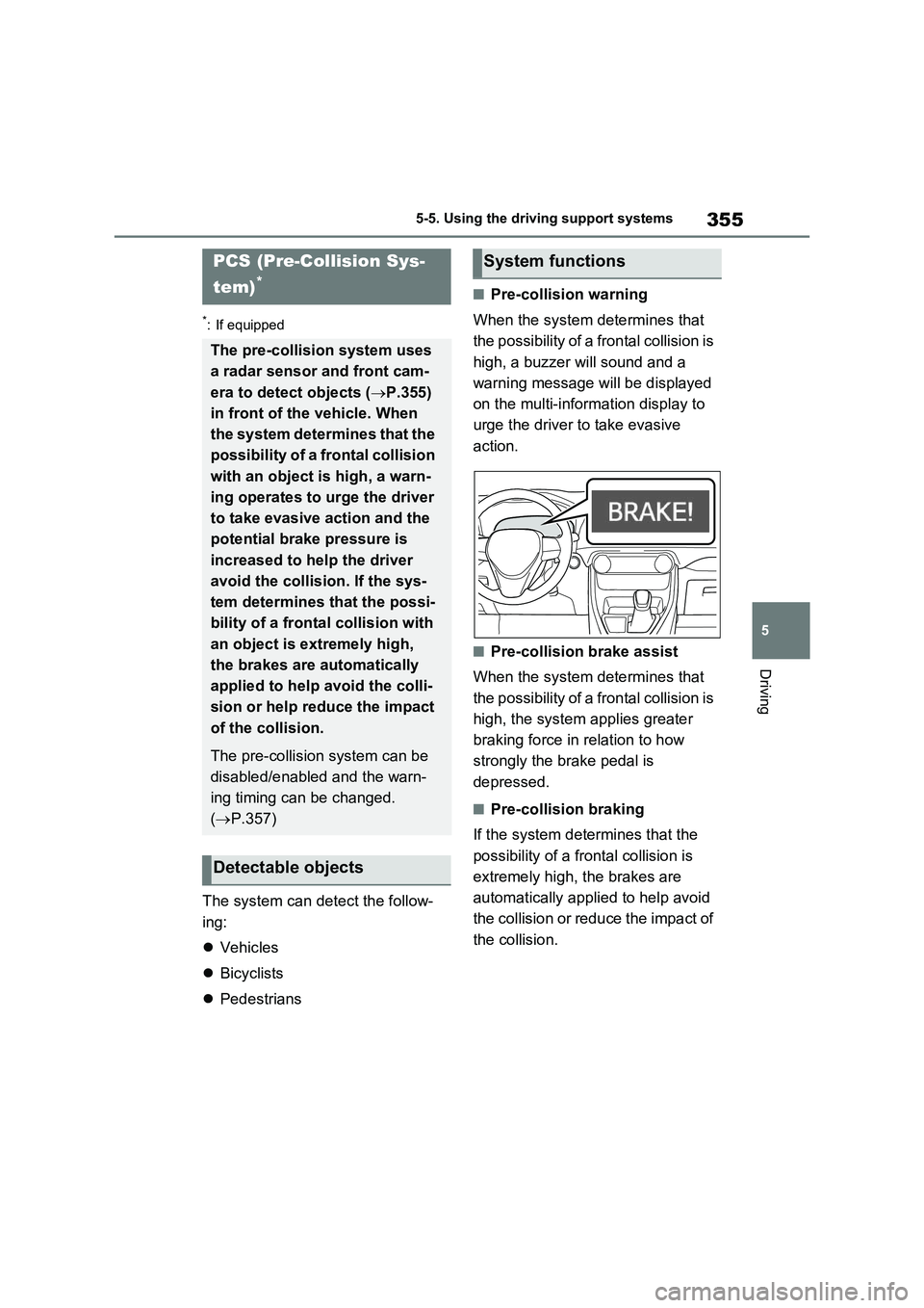 TOYOTA VERSO S 2011  Owners Manual 355
5 5-5. Using the driving support systems
Driving
*: If equipped
The system can detect the follow-
ing:
Vehicles
Bicyclists
Pedestrians
■Pre-collision warning
When the system determines 