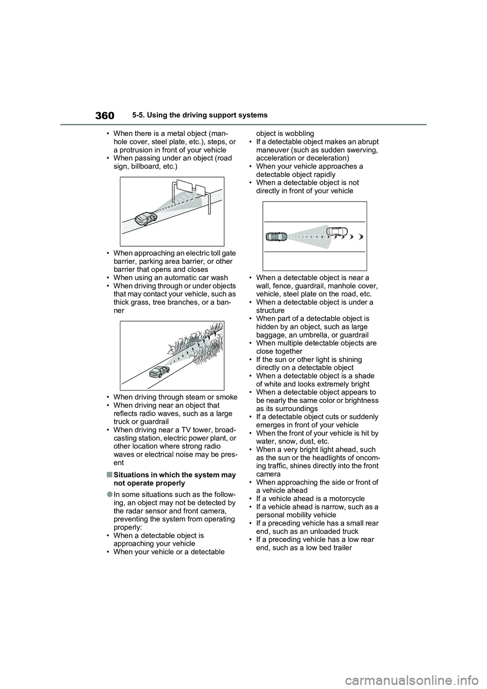 TOYOTA VERSO S 2011  Owners Manual 3605-5. Using the driving support systems
• When there is a metal object (man-
hole cover, steel plate, etc.), steps, or 
a protrusion in front of your vehicle
• When passing under an object (road