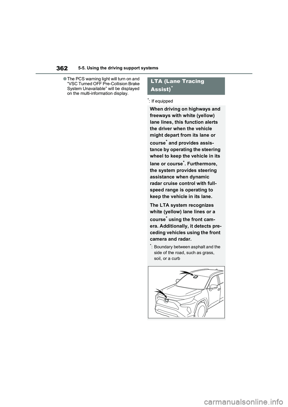 TOYOTA VERSO S 2011  Owners Manual 3625-5. Using the driving support systems
●The PCS warning light will turn on and 
“VSC Turned OFF Pre-Collision Brake 
System Unavailable” will be displayed 
on the multi-information display.
*