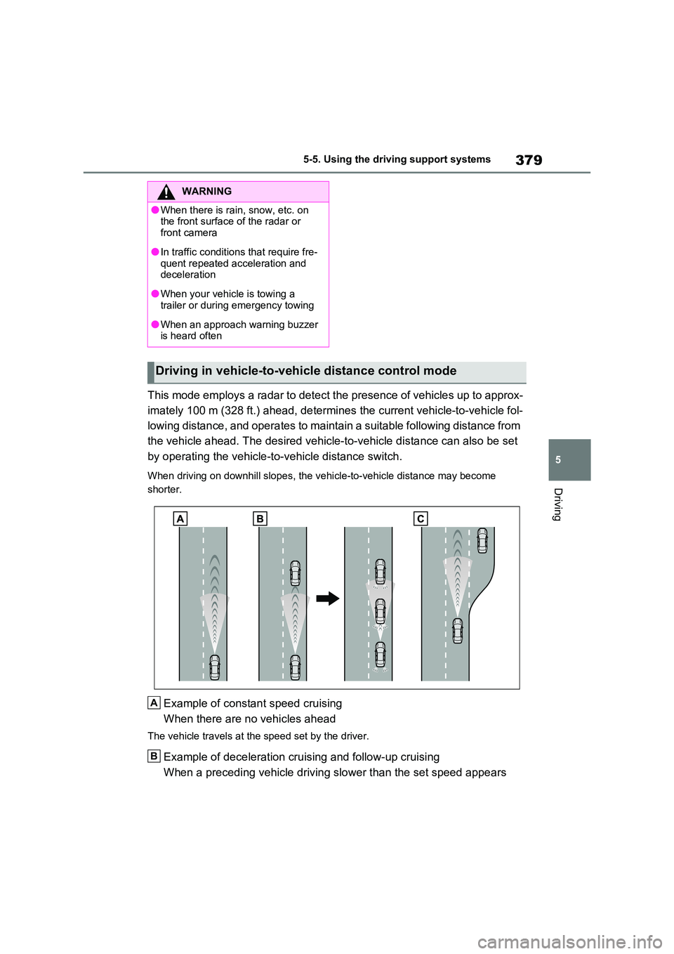 TOYOTA VERSO S 2011 Owners Manual 379
5
5-5. Using the driving support systems
Driving
This mode employs a radar to detect the presence of vehicles up to approx-
imately 100 m (328 ft.) ahead, determines the current vehicle-to-vehic TOYOTA VERSO S 2011 Owners Manual 379
5
5-5. Using the driving support systems
Driving
This mode employs a radar to detect the presence of vehicles up to approx-
imately 100 m (328 ft.) ahead, determines the current vehicle-to-vehic