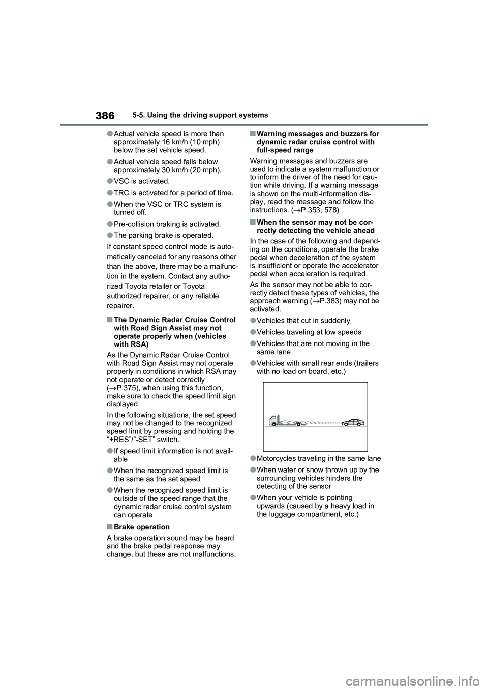 TOYOTA VERSO S 2011  Owners Manual 3865-5. Using the driving support systems
●Actual vehicle speed is more than  
approximately 16 km/h (10 mph)  below the set vehicle speed.
●Actual vehicle speed falls below approximately 30 km/h 