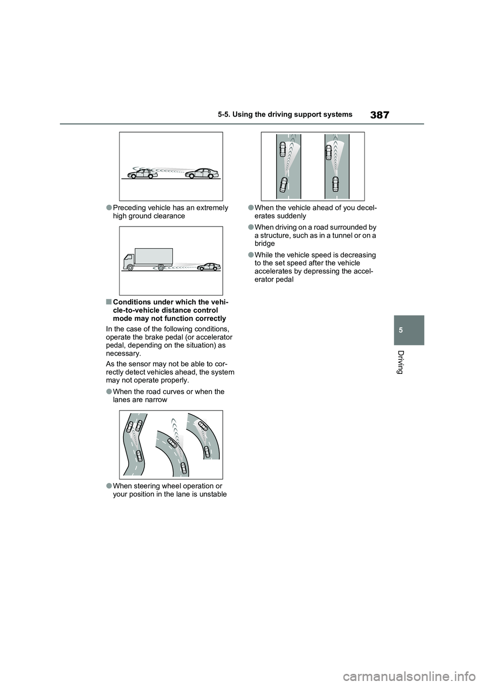 TOYOTA VERSO S 2011  Owners Manual 387
5 5-5. Using the driving support systems
Driving
●Preceding vehicle has an extremely 
high ground clearance
■Conditions under which the vehi-
cle-to-vehicle distance control 
mode may not func