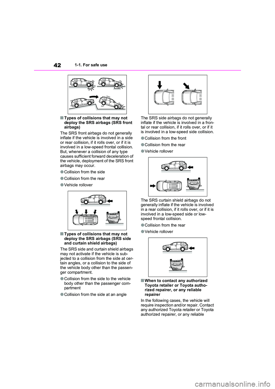 TOYOTA VERSO S 2011 Service Manual 421-1. For safe use
■Types of collisions that may not
deploy the SRS airbags (SRS front airbags)
The SRS front airbags do not generally
inflate if the vehicle is involved in a side or rear co TOYOTA VERSO S 2011 Service Manual 421-1. For safe use
■Types of collisions that may not
deploy the SRS airbags (SRS front airbags)
The SRS front airbags do not generally
inflate if the vehicle is involved in a side or rear co