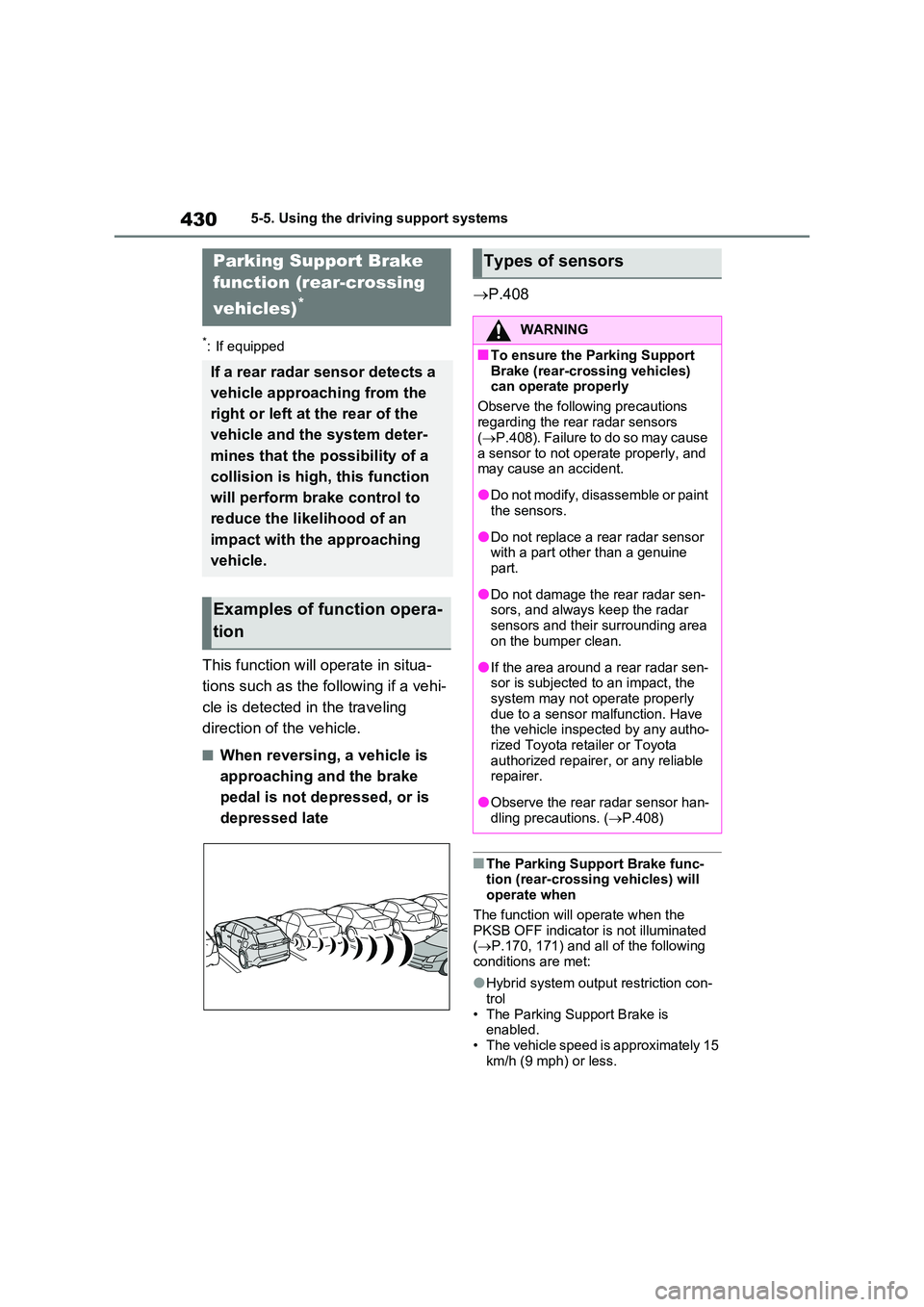 TOYOTA VERSO S 2011 Owners Manual 4305-5. Using the driving support systems
*: If equipped
This function will operate in situa-
tions such as the following if a vehi-
cle is detected in the traveling
direction of the vehicle.
■W TOYOTA VERSO S 2011 Owners Manual 4305-5. Using the driving support systems
*: If equipped
This function will operate in situa-
tions such as the following if a vehi-
cle is detected in the traveling
direction of the vehicle.
■W