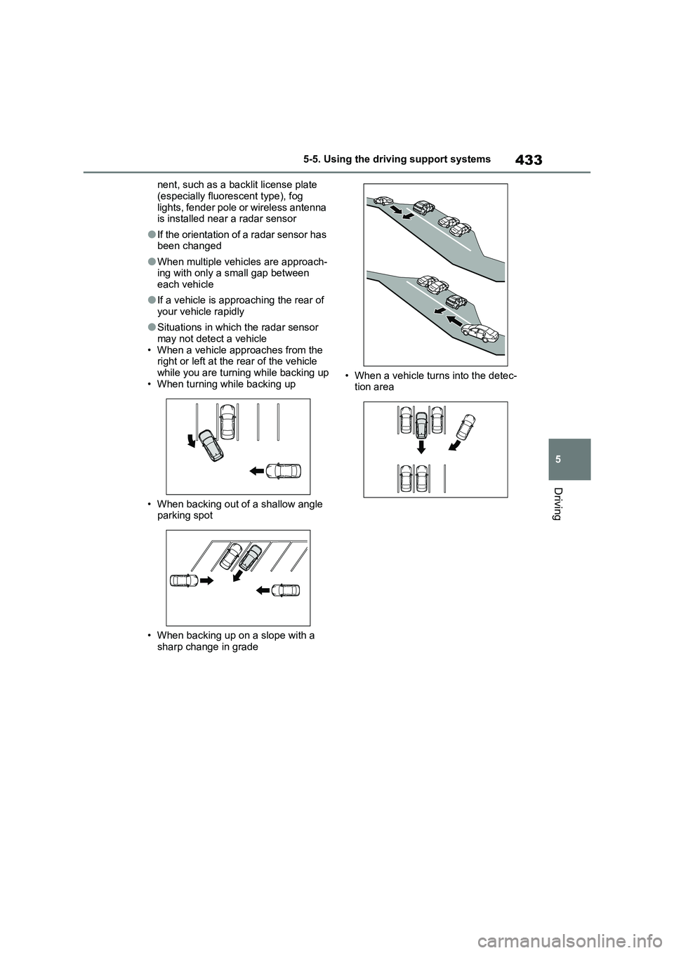 TOYOTA VERSO S 2011  Owners Manual 433
5 5-5. Using the driving support systems
Driving
nent, such as a backlit license plate 
(especially fluorescent type), fog 
lights, fender pole or wireless antenna 
is installed near a radar senso