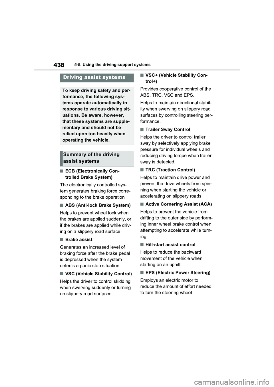 TOYOTA VERSO S 2011  Owners Manual 4385-5. Using the driving support systems
■ECB (Electronically Con-
trolled Brake System)
The electronically controlled sys-
tem generates braking force corre-
sponding to the brake operation
■ABS