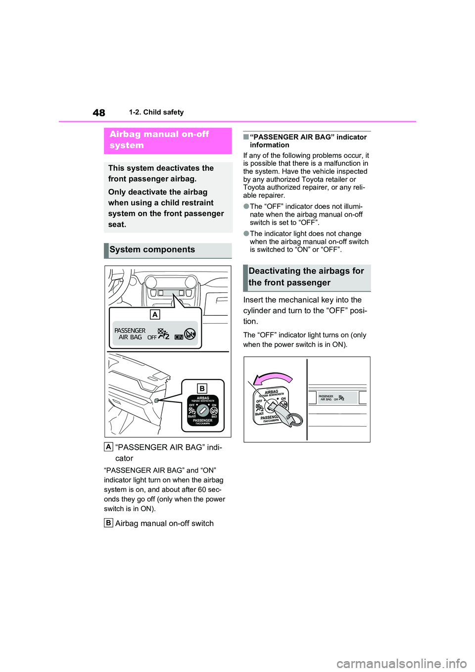 TOYOTA VERSO S 2011 Service Manual 481-2. Child safety
1-2.Child sa fety
“PASSENGER AIR BAG” indi-
cator
“PASSENGER AIR BAG” and “ON”
indicator light turn on when the airbag
system is on, and about after 60 sec-
onds th TOYOTA VERSO S 2011 Service Manual 481-2. Child safety
1-2.Child sa fety
“PASSENGER AIR BAG” indi-
cator
“PASSENGER AIR BAG” and “ON”
indicator light turn on when the airbag
system is on, and about after 60 sec-
onds th