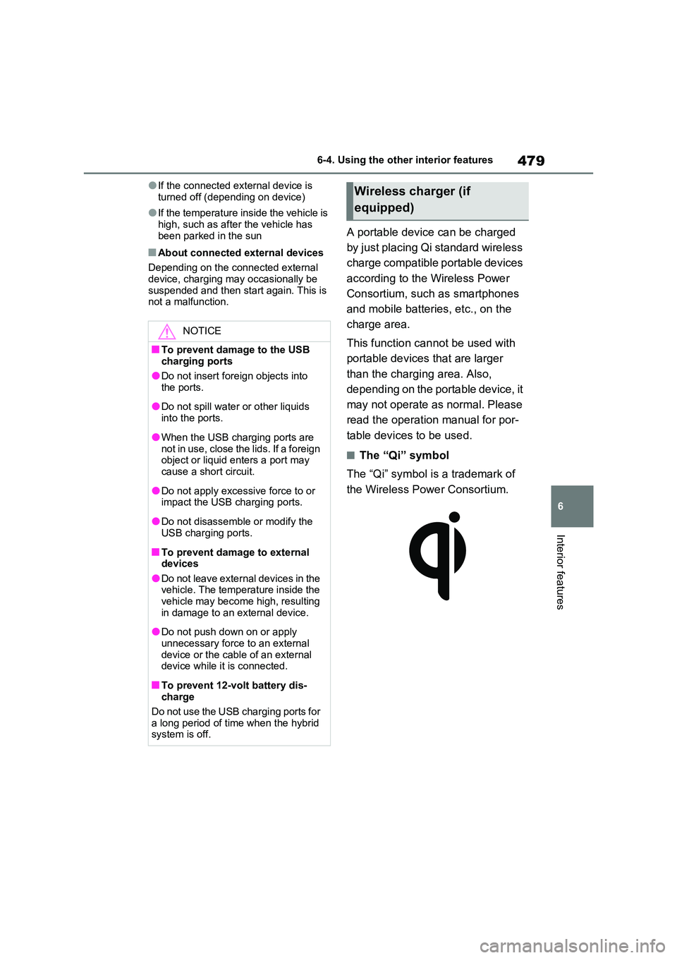 TOYOTA VERSO S 2011  Owners Manual 479
6 
6-4. Using the other interior features
Interior features
●If the connected external device is  
turned off (depending on device)
●If the temperature inside the vehicle is 
high, such as aft
