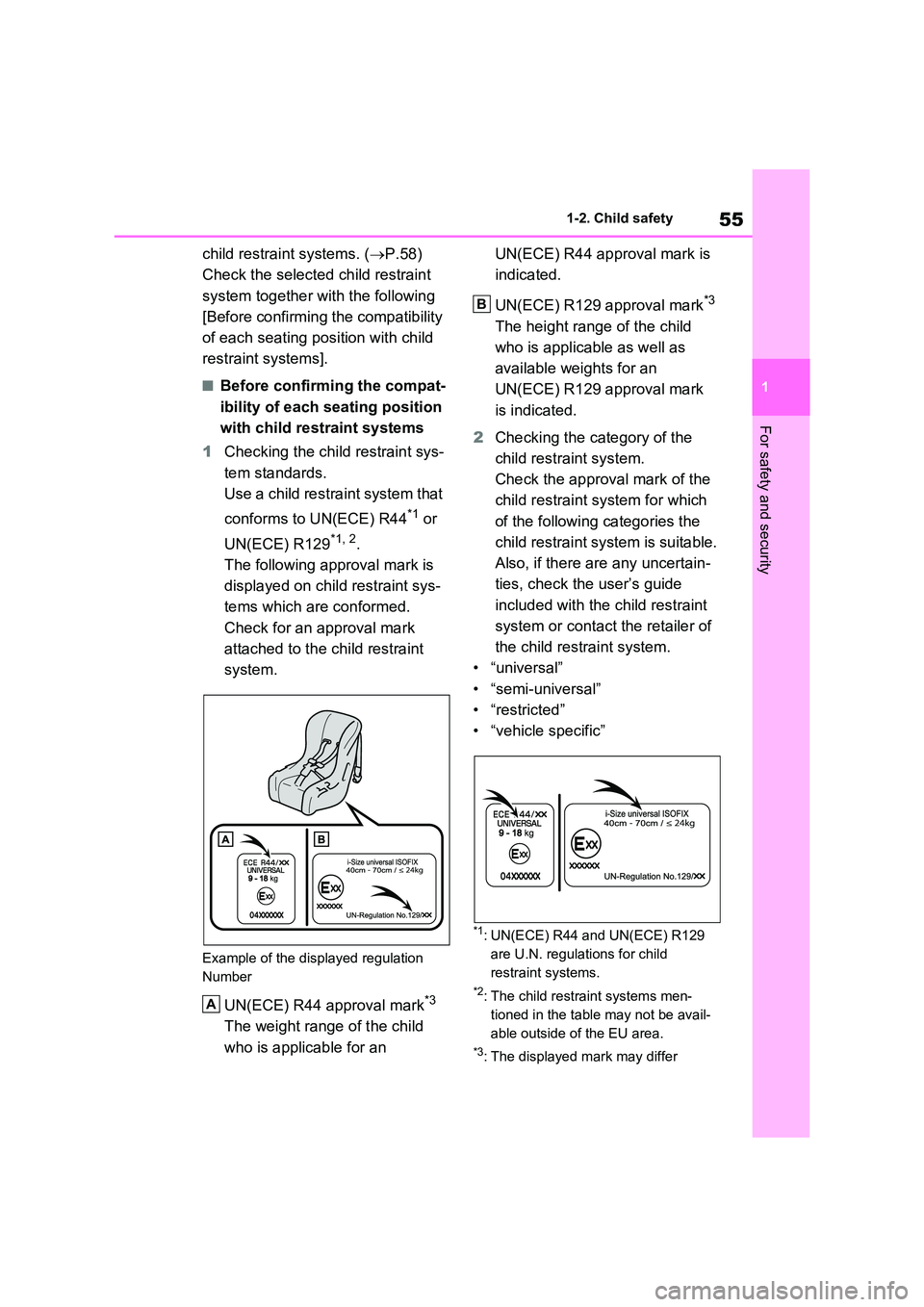 TOYOTA VERSO S 2011 Workshop Manual 55
1
1-2. Child safety
For safety and security
child restraint systems. ( P.58)
Check the selected child restraint
system together with the following
[Before confirming the compatibility
of TOYOTA VERSO S 2011 Workshop Manual 55
1
1-2. Child safety
For safety and security
child restraint systems. ( P.58)
Check the selected child restraint
system together with the following
[Before confirming the compatibility
of