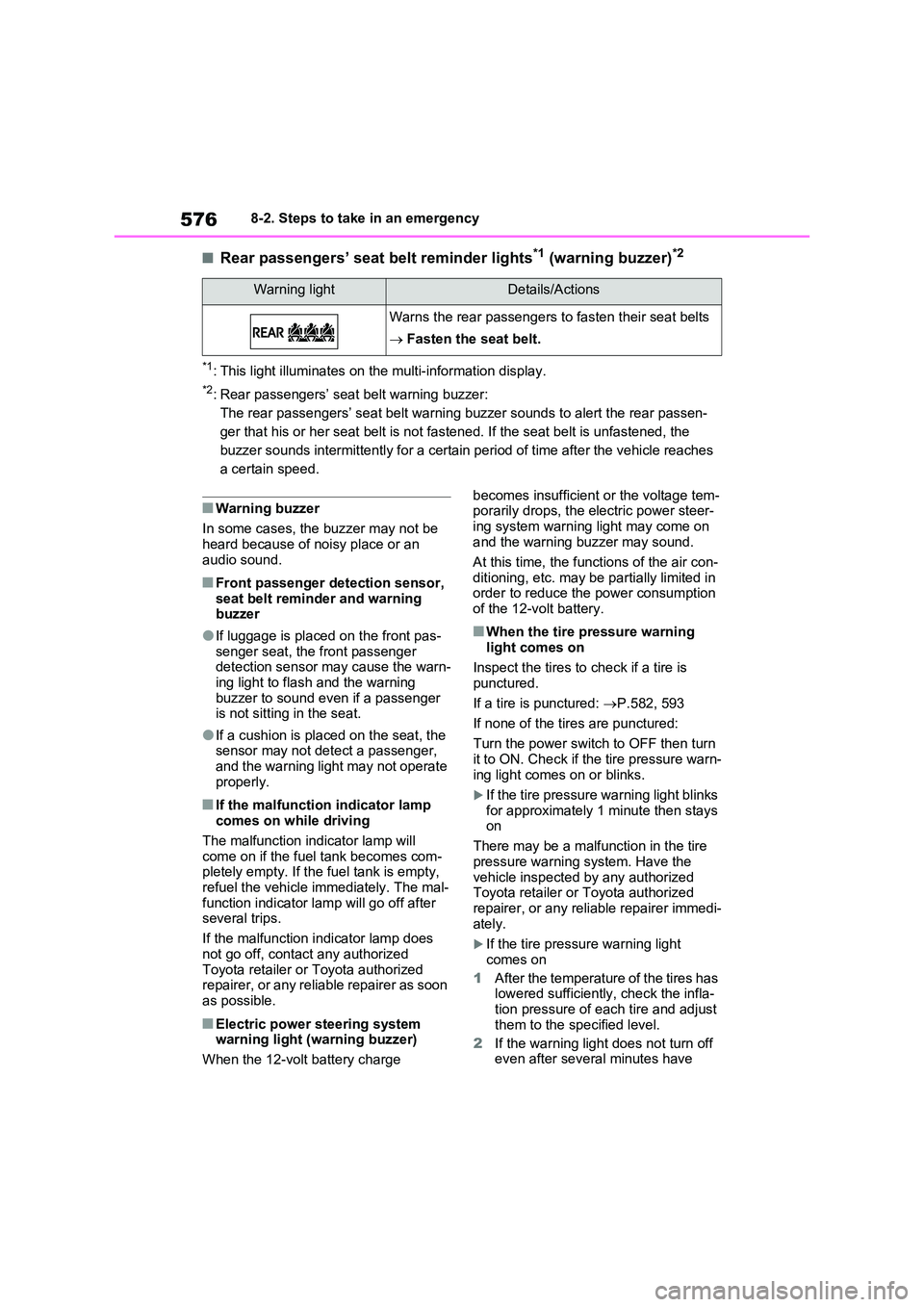 TOYOTA VERSO S 2011 Owners Manual 5768-2. Steps to take in an emergency
■Rear passengers’ seat belt reminder lights*1 (warning buzzer)*2
*1: This light illuminates on the multi-information display.
*2: Rear passengers’ seat belt TOYOTA VERSO S 2011 Owners Manual 5768-2. Steps to take in an emergency
■Rear passengers’ seat belt reminder lights*1 (warning buzzer)*2
*1: This light illuminates on the multi-information display.
*2: Rear passengers’ seat belt