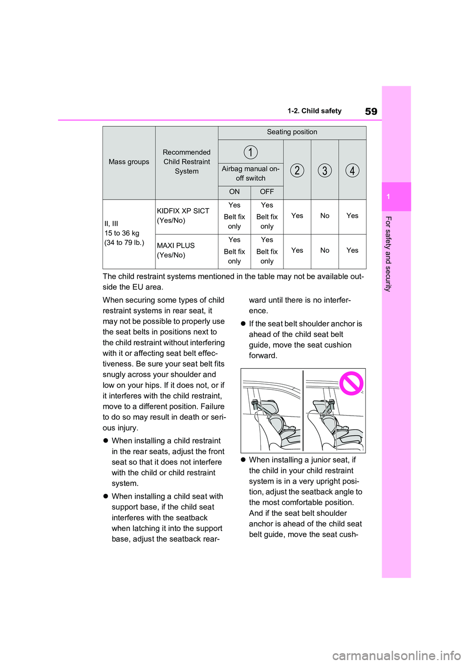 TOYOTA VERSO S 2011 Workshop Manual 59
1
1-2. Child safety
For safety and security
The child restraint systems mentioned in the table may not be available out-
side the EU area.
When securing some types of child
restraint systems i TOYOTA VERSO S 2011 Workshop Manual 59
1
1-2. Child safety
For safety and security
The child restraint systems mentioned in the table may not be available out-
side the EU area.
When securing some types of child
restraint systems i