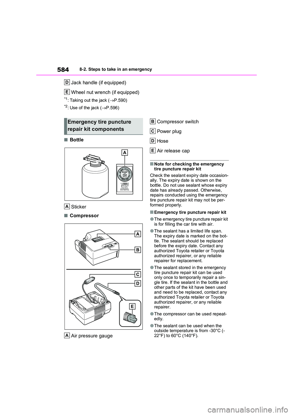 TOYOTA VERSO S 2011 Owners Manual 5848-2. Steps to take in an emergency
Jack handle (if equipped)
Wheel nut wrench (if equipped)
*1: Taking out the jack ( P.590)
*2: Use of the jack (P.596)
■Bottle
Sticker
■Compressor
Air TOYOTA VERSO S 2011 Owners Manual 5848-2. Steps to take in an emergency
Jack handle (if equipped)
Wheel nut wrench (if equipped)
*1: Taking out the jack ( P.590)
*2: Use of the jack (P.596)
■Bottle
Sticker
■Compressor
Air