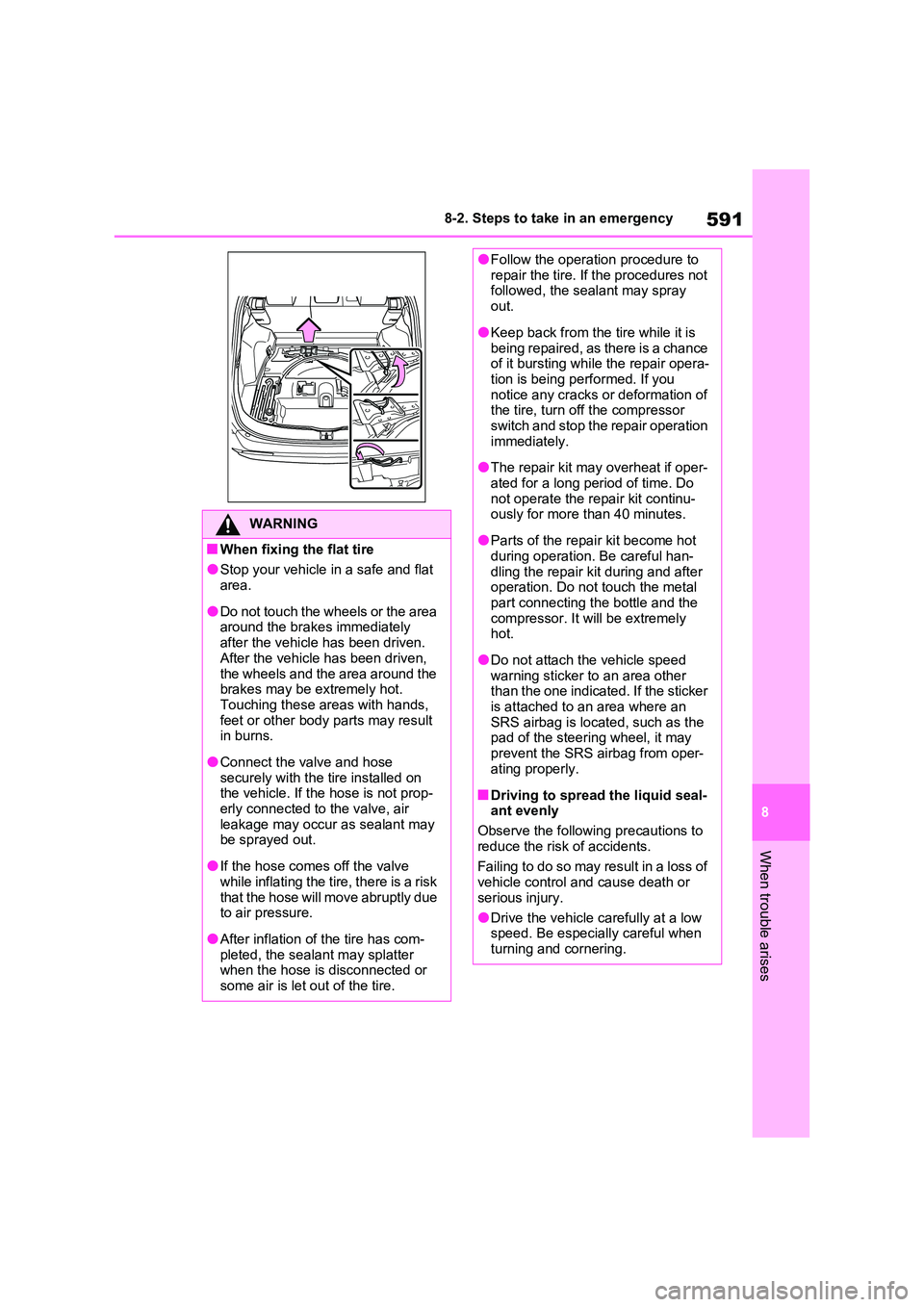 TOYOTA VERSO S 2011 Owners Manual 591
8
8-2. Steps to take in an emergency
When trouble arises
WARNING
■When fixing the flat tire
●Stop your vehicle in a safe and flat area.
●Do not touch the wheels or the area around the brak TOYOTA VERSO S 2011 Owners Manual 591
8
8-2. Steps to take in an emergency
When trouble arises
WARNING
■When fixing the flat tire
●Stop your vehicle in a safe and flat area.
●Do not touch the wheels or the area around the brak