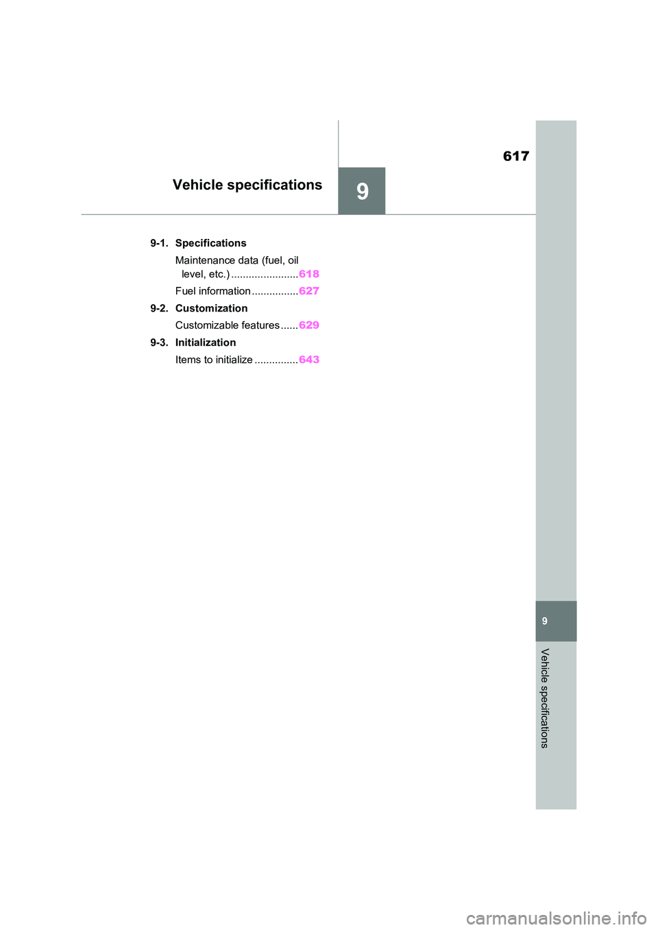 TOYOTA VERSO S 2011 Owners Manual 9
617
9
Vehicle specifications
Vehicle specifications
9-1. Specifications
Maintenance data (fuel, oil
level, etc.) ....................... 618
Fuel information ................ 627
9-2. Customiza TOYOTA VERSO S 2011 Owners Manual 9
617
9
Vehicle specifications
Vehicle specifications
9-1. Specifications
Maintenance data (fuel, oil
level, etc.) ....................... 618
Fuel information ................ 627
9-2. Customiza