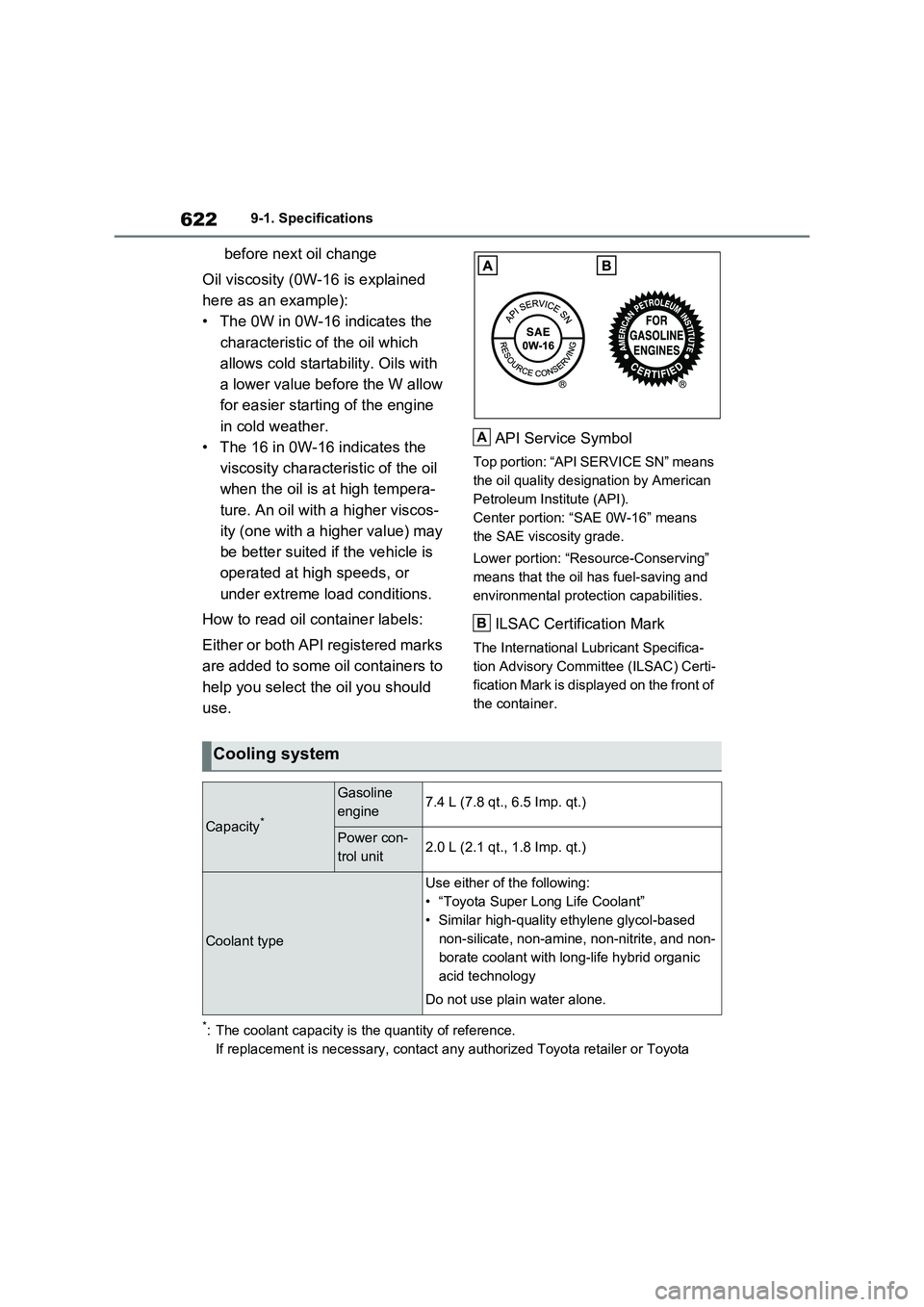 TOYOTA VERSO S 2011 Owners Manual 6229-1. Specifications
before next oil change
Oil viscosity (0W-16 is explained
here as an example):
• The 0W in 0W-16 indicates the
characteristic of the oil which
allows cold startability. Oils TOYOTA VERSO S 2011 Owners Manual 6229-1. Specifications
before next oil change
Oil viscosity (0W-16 is explained
here as an example):
• The 0W in 0W-16 indicates the
characteristic of the oil which
allows cold startability. Oils