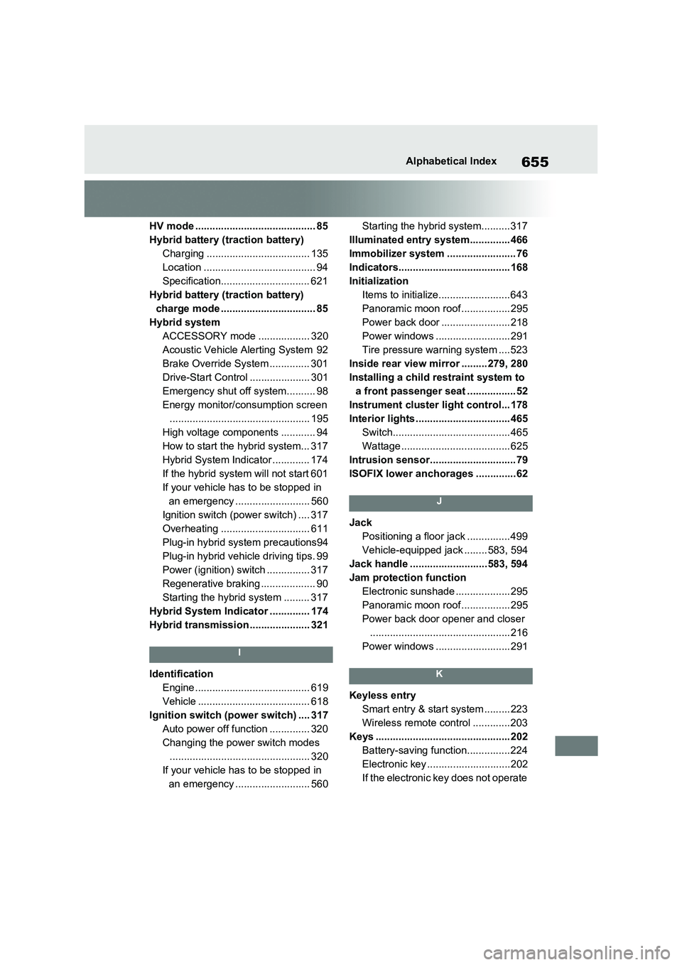 TOYOTA VERSO S 2011 Owners Manual 655Alphabetical Index
HV mode .......................................... 85
Hybrid battery (traction battery)
Charging .................................... 135
Location ............................... TOYOTA VERSO S 2011 Owners Manual 655Alphabetical Index
HV mode .......................................... 85
Hybrid battery (traction battery)
Charging .................................... 135
Location ...............................