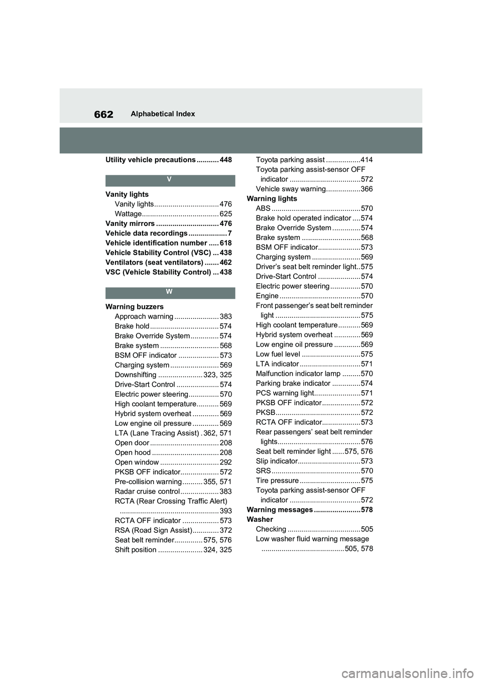 TOYOTA VERSO S 2011 Owners Manual 662Alphabetical Index
Utility vehicle precautions ........... 448
V
Vanity lights
Vanity lights................................ 476
Wattage...................................... 625
Vanity mirrors ... TOYOTA VERSO S 2011 Owners Manual 662Alphabetical Index
Utility vehicle precautions ........... 448
V
Vanity lights
Vanity lights................................ 476
Wattage...................................... 625
Vanity mirrors ...