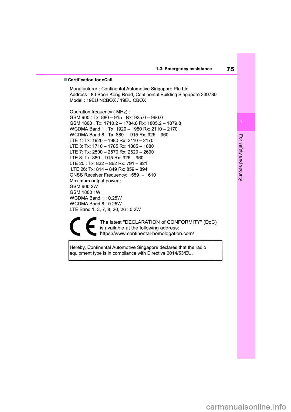 TOYOTA VERSO S 2011 Manual PDF 75
1
1-3. Emergency assistance
For safety and security
■Certification for eCall TOYOTA VERSO S 2011 Manual PDF 75
1
1-3. Emergency assistance
For safety and security
■Certification for eCall