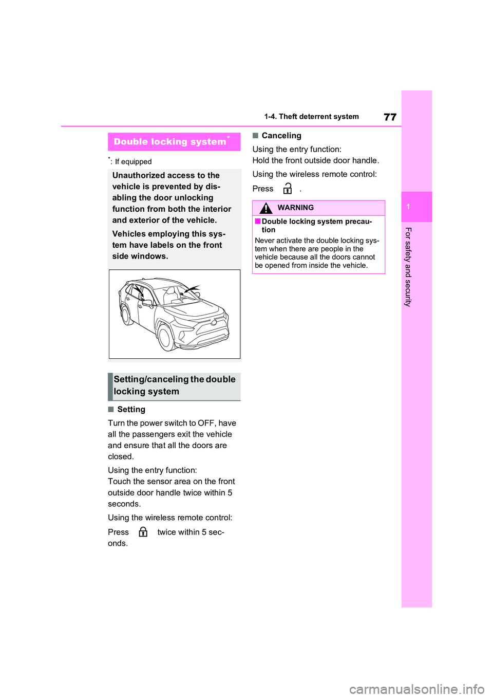 TOYOTA VERSO S 2011 Manual PDF 77
1
1-4. Theft deterrent system
For safety and security
*: If equipped
■Setting
Turn the power switch to OFF, have
all the passengers exit the vehicle
and ensure that all the doors are
clos TOYOTA VERSO S 2011 Manual PDF 77
1
1-4. Theft deterrent system
For safety and security
*: If equipped
■Setting
Turn the power switch to OFF, have
all the passengers exit the vehicle
and ensure that all the doors are
clos
