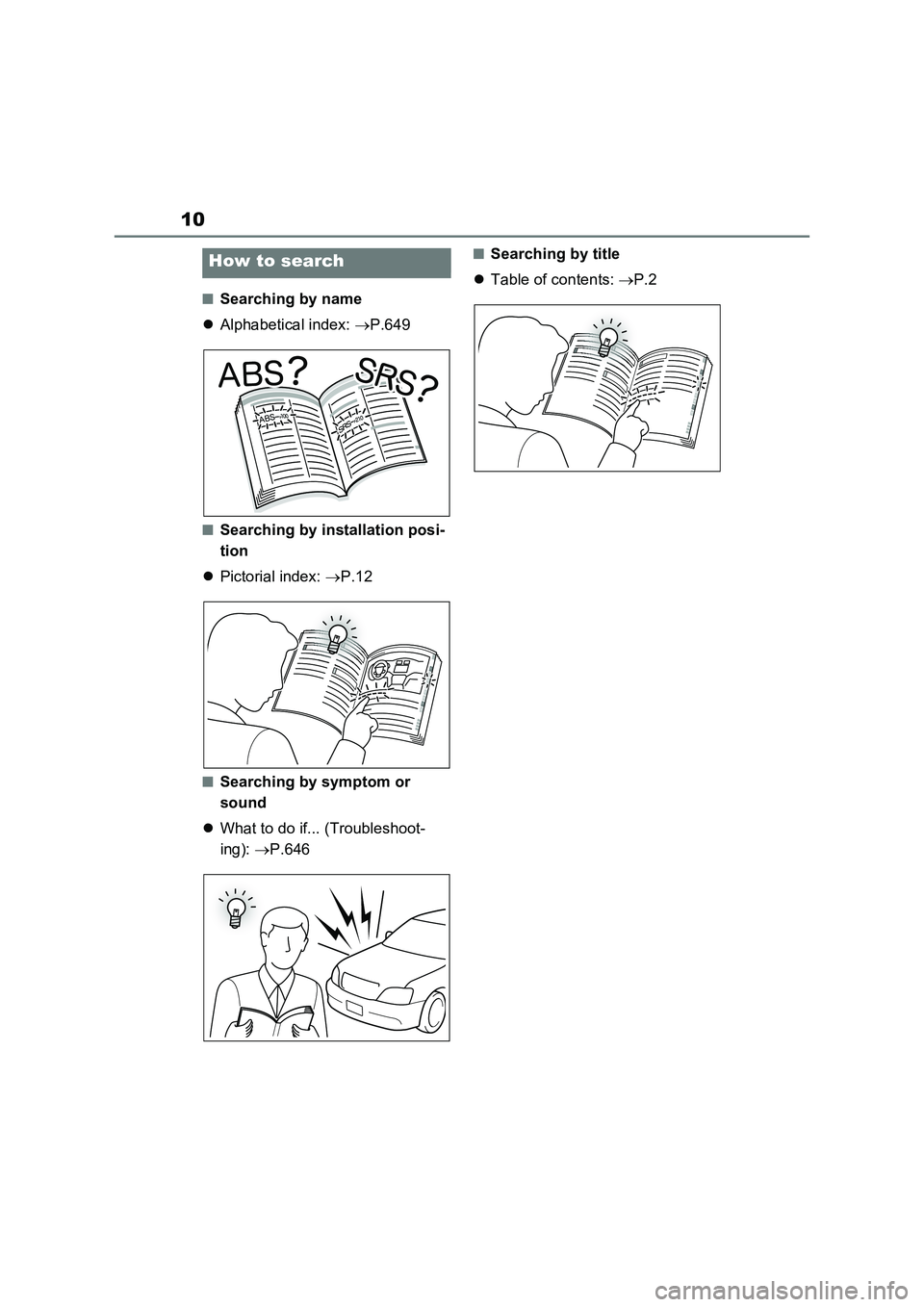 TOYOTA VERSO S 2011  Owners Manual 10
■Searching by name
Alphabetical index: P.649
■Searching by installation posi-
tion
Pictorial index: P.12
■Searching by symptom or 
sound
What to do if... (Troubleshoot-
ing): �