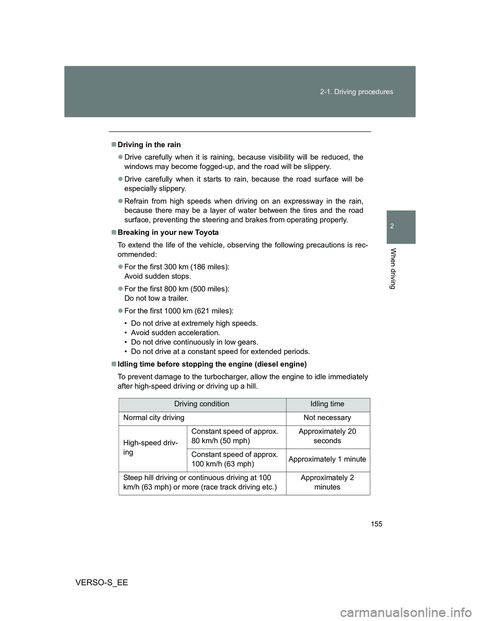 TOYOTA VERSO S 2012 Owners Manual 155 2-1. Driving procedures
2
When driving
VERSO-S_EE
Driving in the rain
Drive carefully when it is raining, because visibility will be reduced, the
windows may become fogged-up, and the road w TOYOTA VERSO S 2012 Owners Manual 155 2-1. Driving procedures
2
When driving
VERSO-S_EE
Driving in the rain
Drive carefully when it is raining, because visibility will be reduced, the
windows may become fogged-up, and the road w