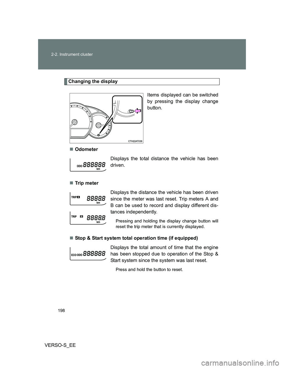 TOYOTA VERSO S 2012  Owners Manual 198 2-2. Instrument cluster
VERSO-S_EE
Changing the display
Items displayed can be switched
by pressing the display change
button. 
Odometer
Tr ip  m eter
Stop & Start system total operation 