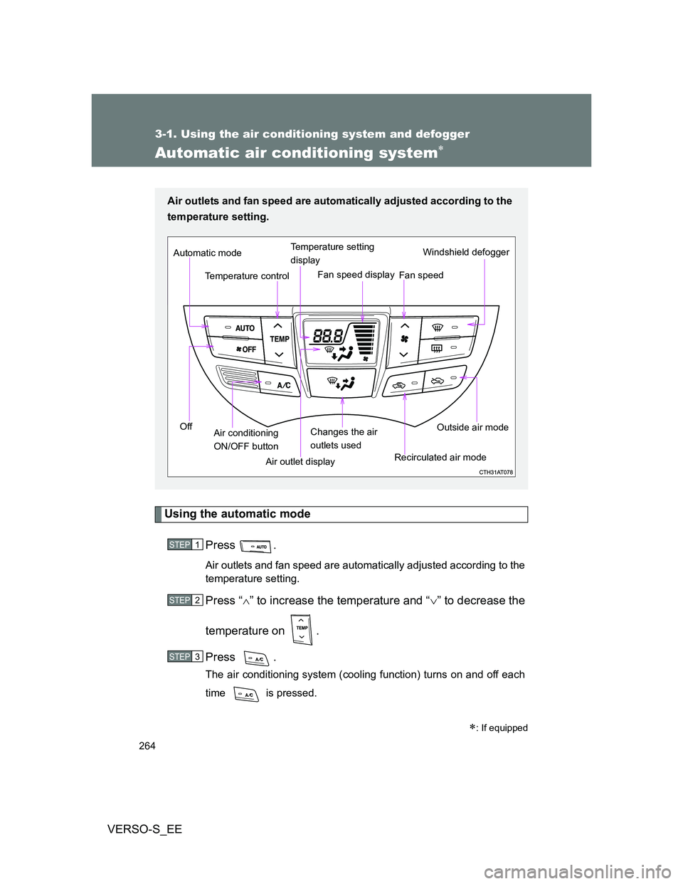 TOYOTA VERSO S 2012 Owners Manual 264
3-1. Using the air conditioning system and defogger
VERSO-S_EE
Automatic air conditioning system
Using the automatic mode
Press .
Air outlets and fan speed are automatically adjusted according TOYOTA VERSO S 2012 Owners Manual 264
3-1. Using the air conditioning system and defogger
VERSO-S_EE
Automatic air conditioning system
Using the automatic mode
Press .
Air outlets and fan speed are automatically adjusted according