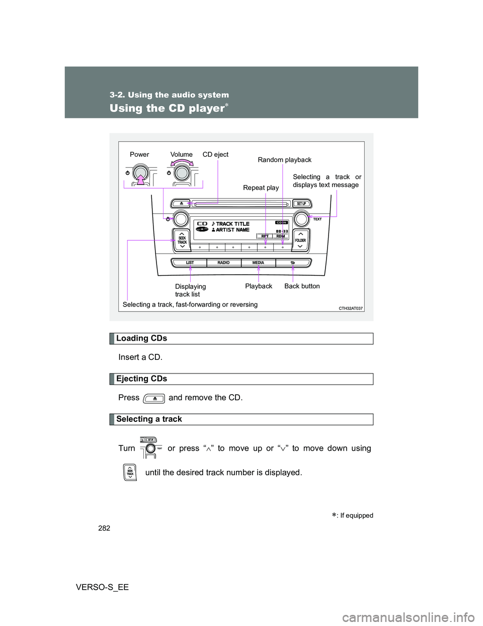 TOYOTA VERSO S 2012  Owners Manual 282
3-2. Using the audio system
VERSO-S_EE
Using the CD player
Loading CDs
Insert a CD.
Ejecting CDs
Press   and remove the CD.
Selecting a track
Turn   or press “
” to move up or “” 