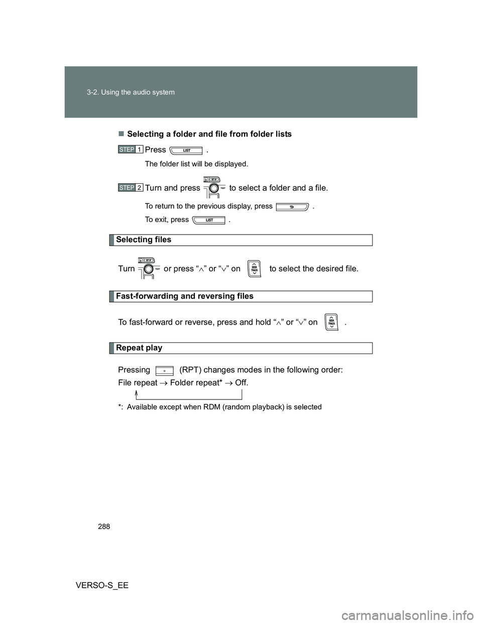 TOYOTA VERSO S 2012  Owners Manual 288 3-2. Using the audio system
VERSO-S_EESelecting a folder and file from folder lists
Press  . 
The folder list will be displayed.
Turn and press   to select a folder and a file.
To return to the