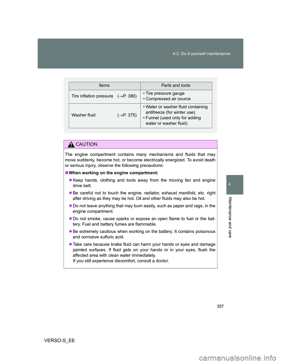 TOYOTA VERSO S 2012 Owners Manual 357 4-3. Do-it-yourself maintenance
4
Maintenance and care
VERSO-S_EE
CAUTION
The engine compartment contains many mechanisms and fluids that may
move suddenly, become hot, or become electrically ener TOYOTA VERSO S 2012 Owners Manual 357 4-3. Do-it-yourself maintenance
4
Maintenance and care
VERSO-S_EE
CAUTION
The engine compartment contains many mechanisms and fluids that may
move suddenly, become hot, or become electrically ener