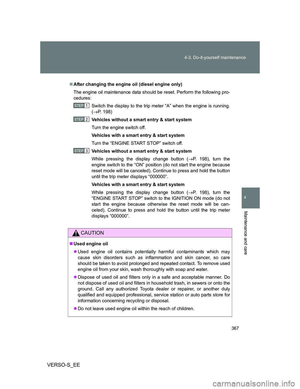 TOYOTA VERSO S 2012 Owners Manual 367 4-3. Do-it-yourself maintenance
4
Maintenance and care
VERSO-S_EE
After changing the engine oil (diesel engine only)
The engine oil maintenance data should be reset. Perform the following pro-
TOYOTA VERSO S 2012 Owners Manual 367 4-3. Do-it-yourself maintenance
4
Maintenance and care
VERSO-S_EE
After changing the engine oil (diesel engine only)
The engine oil maintenance data should be reset. Perform the following pro-