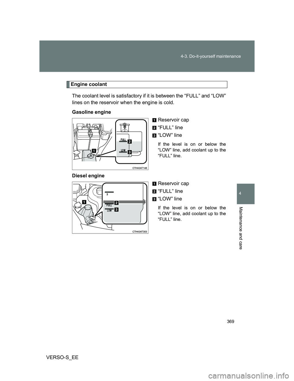 TOYOTA VERSO S 2012 Owners Manual 369 4-3. Do-it-yourself maintenance
4
Maintenance and care
VERSO-S_EE
Engine coolant
The coolant level is satisfactory if it is between the “FULL” and “LOW”
lines on the reservoir when the eng TOYOTA VERSO S 2012 Owners Manual 369 4-3. Do-it-yourself maintenance
4
Maintenance and care
VERSO-S_EE
Engine coolant
The coolant level is satisfactory if it is between the “FULL” and “LOW”
lines on the reservoir when the eng