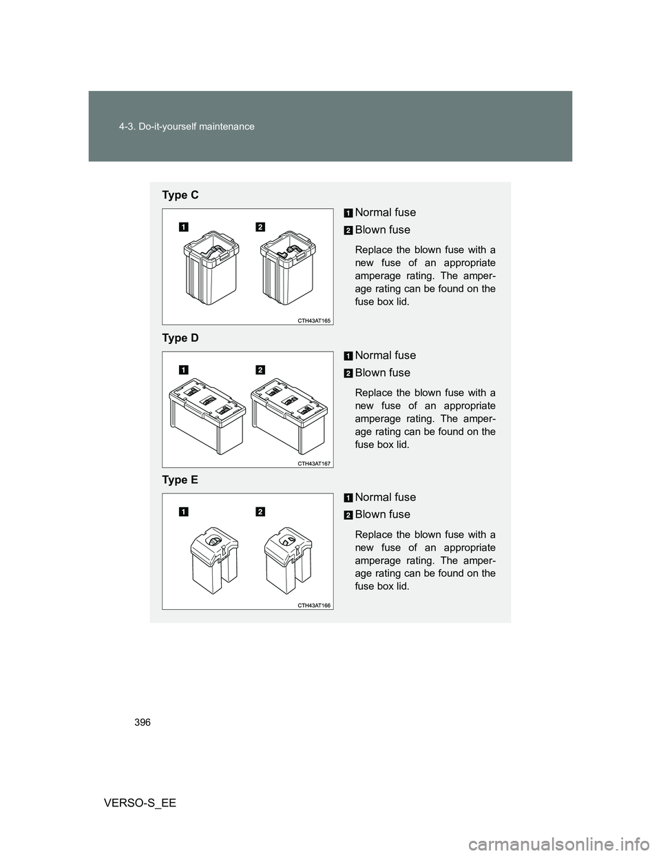 TOYOTA VERSO S 2012  Owners Manual 396 4-3. Do-it-yourself maintenance
VERSO-S_EE
Ty p e  C
Normal fuse
Blown fuse
Replace the blown fuse with a
new fuse of an appropriate
amperage rating. The amper-
age rating can be found on the
fuse