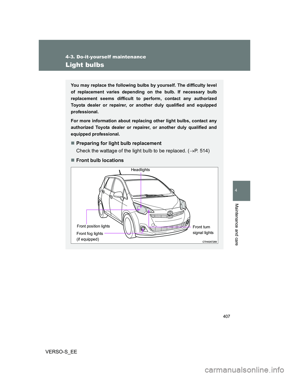 TOYOTA VERSO S 2012  Owners Manual 407
4-3. Do-it-yourself maintenance
4
Maintenance and care
VERSO-S_EE
Light bulbs
You may replace the following bulbs by yourself. The difficulty level
of replacement varies depending on the bulb. If 