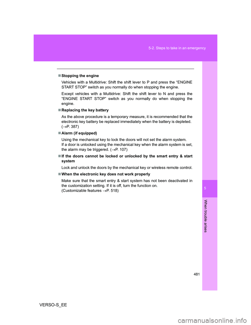 TOYOTA VERSO S 2012  Owners Manual 5
481 5-2. Steps to take in an emergency
When trouble arises
VERSO-S_EE
Stopping the engine
Vehicles with a Multidrive: Shift the shift lever to P and press the “ENGINE
START STOP” switch as yo