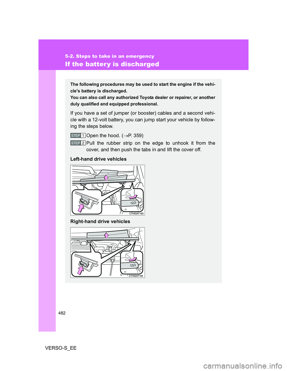 TOYOTA VERSO S 2012  Owners Manual 482
5-2. Steps to take in an emergency
VERSO-S_EE
If the batter y is discharged
The following procedures may be used to start the engine if the vehi-
cles battery is discharged.
You can also call any