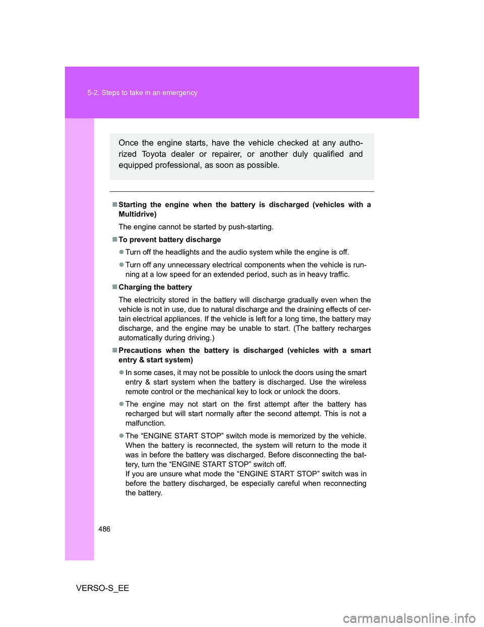 TOYOTA VERSO S 2012  Owners Manual 486 5-2. Steps to take in an emergency
VERSO-S_EE
Starting the engine when the battery is discharged (vehicles with a
Multidrive)
The engine cannot be started by push-starting.
To prevent batter