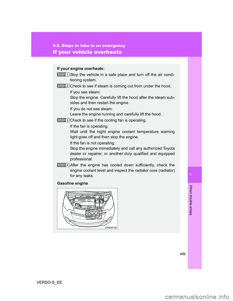 TOYOTA VERSO S 2012  Owners Manual 5
489
5-2. Steps to take in an emergency
When trouble arises
VERSO-S_EE
If your vehicle overheats
If your engine overheats:
Stop the vehicle in a safe place and turn off the air condi-
tioning system.