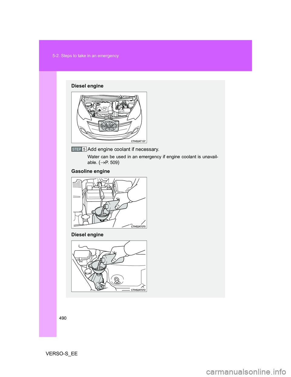 TOYOTA VERSO S 2012  Owners Manual 490 5-2. Steps to take in an emergency
VERSO-S_EE
Diesel engine
Add engine coolant if necessary.
Water can be used in an emergency if engine coolant is unavail-
able. 
(P. 509)
Gasoline engine
Dies