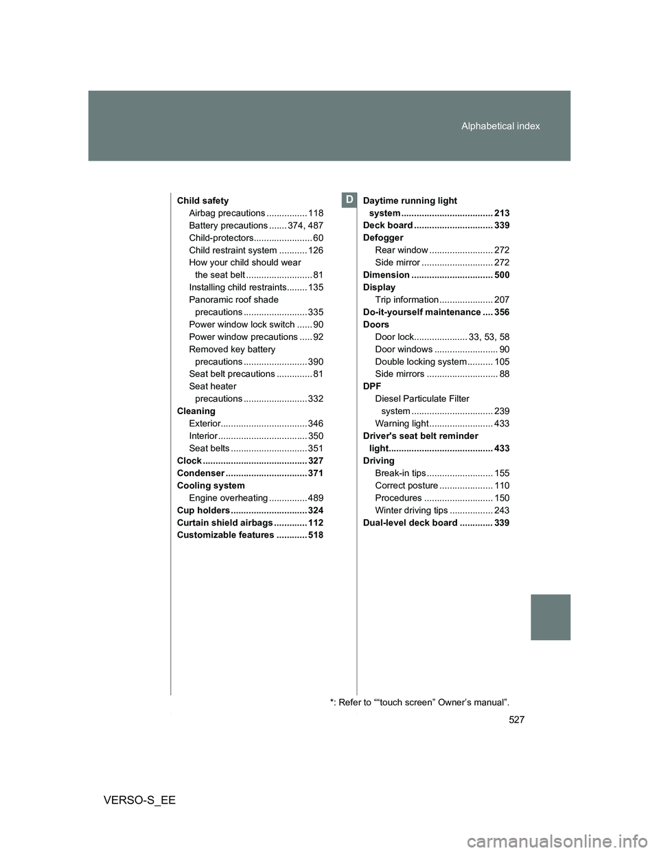 TOYOTA VERSO S 2012 Owners Manual 527 Alphabetical index
VERSO-S_EE
Child safety
Airbag precautions ................ 118
Battery precautions ....... 374, 487
Child-protectors....................... 60
Child restraint system .......... TOYOTA VERSO S 2012 Owners Manual 527 Alphabetical index
VERSO-S_EE
Child safety
Airbag precautions ................ 118
Battery precautions ....... 374, 487
Child-protectors....................... 60
Child restraint system ..........