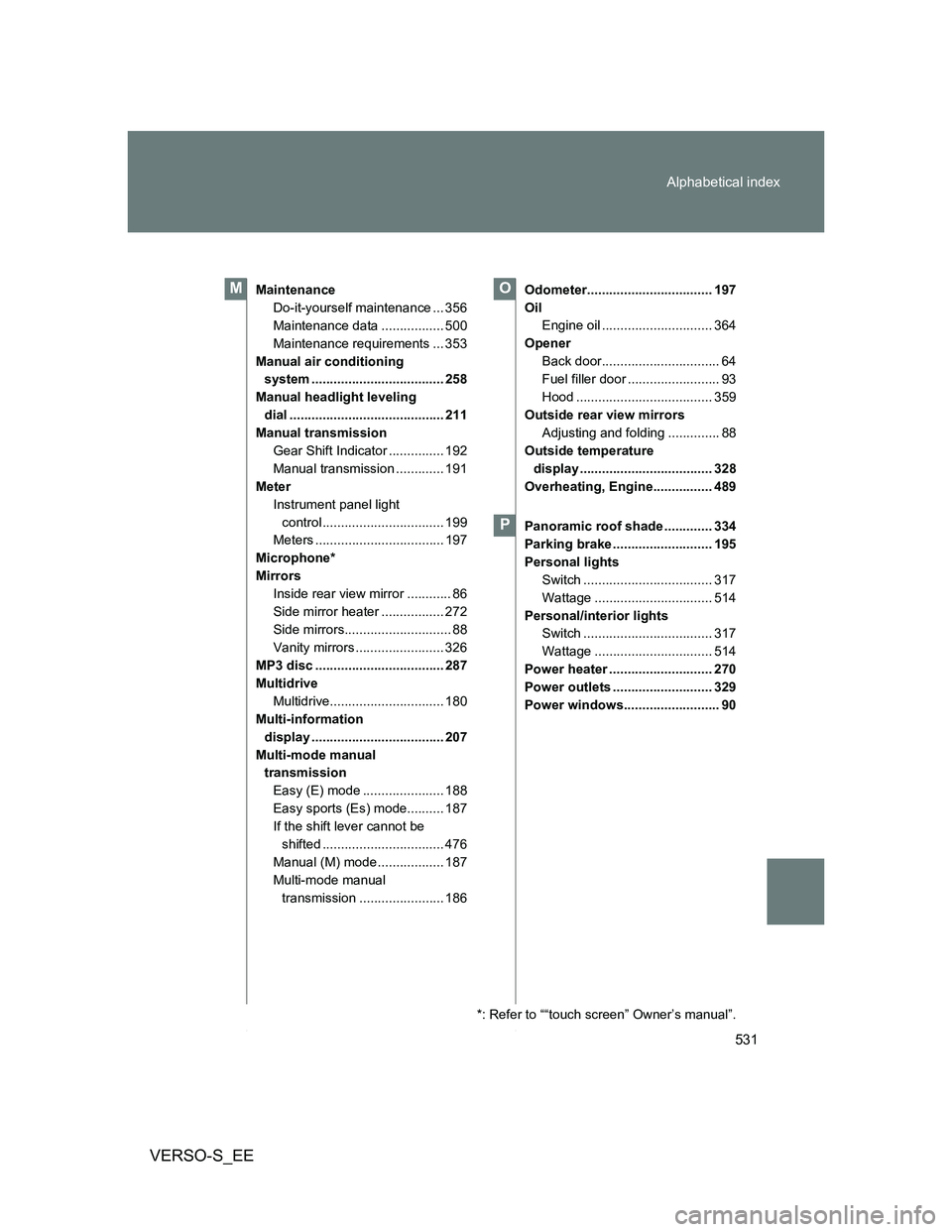 TOYOTA VERSO S 2012  Owners Manual 531 Alphabetical index
VERSO-S_EE
Maintenance
Do-it-yourself maintenance ... 356
Maintenance data ................. 500
Maintenance requirements ... 353
Manual air conditioning 
system ...............