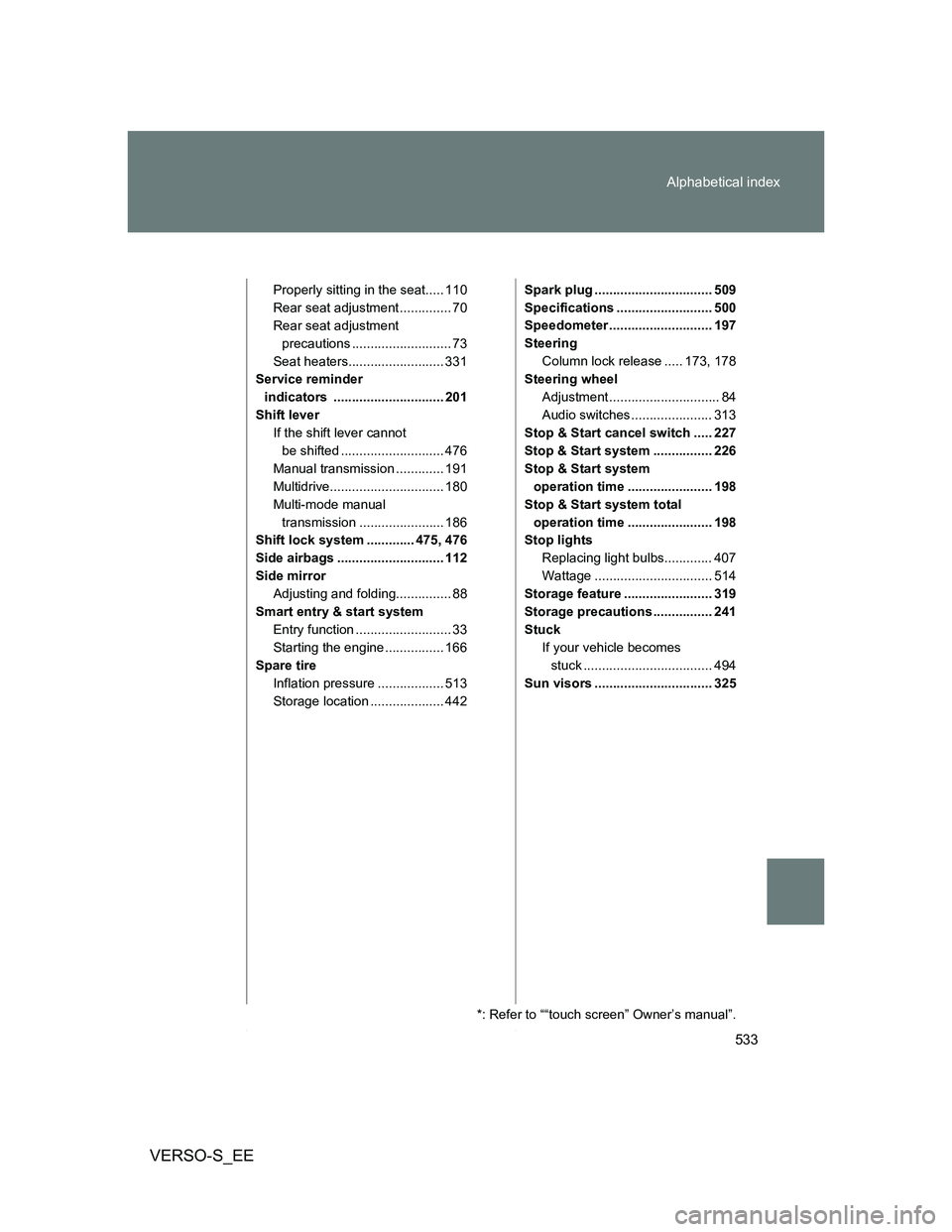TOYOTA VERSO S 2012  Owners Manual 533 Alphabetical index
VERSO-S_EE
Properly sitting in the seat..... 110
Rear seat adjustment .............. 70
Rear seat adjustment 
precautions ........................... 73
Seat heaters............