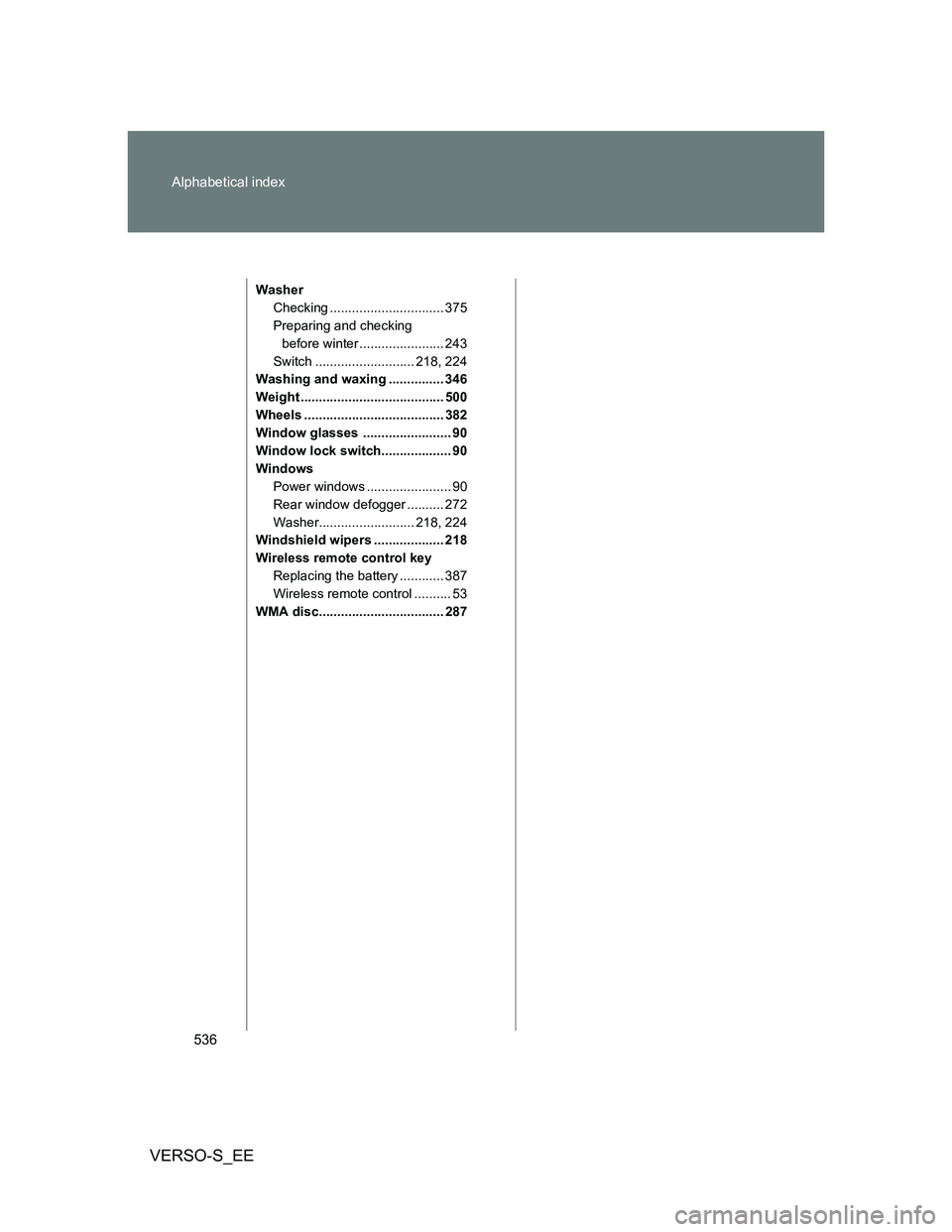 TOYOTA VERSO S 2012  Owners Manual 536 Alphabetical index
VERSO-S_EE
Washer
Checking ............................... 375
Preparing and checking 
before winter ....................... 243
Switch ........................... 218, 224
Wash