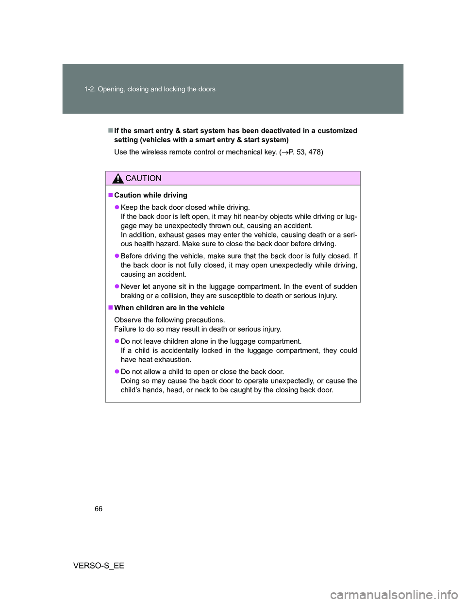 TOYOTA VERSO S 2012 Repair Manual 66 1-2. Opening, closing and locking the doors
VERSO-S_EE
If the smart entry & start system has been deactivated in a customized
setting (vehicles with a smart entry & start system)
Use the wireles