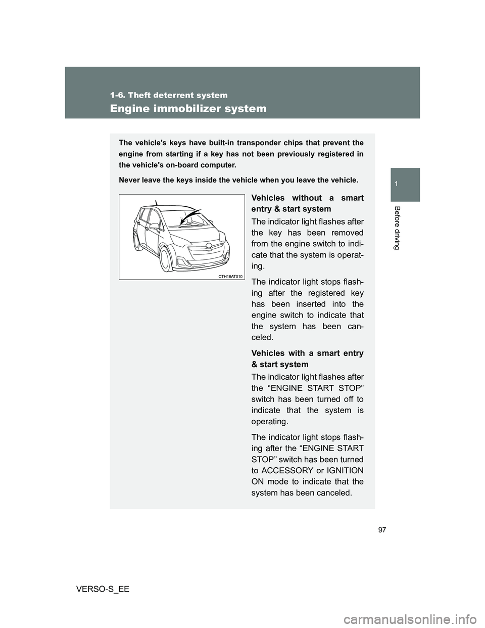 TOYOTA VERSO S 2012 Owners Manual 97
1
Before driving
VERSO-S_EE
1-6. Theft deterrent system
Engine immobilizer system
The vehicles keys have built-in transponder chips that prevent the
engine from starting if a key has not been prev TOYOTA VERSO S 2012 Owners Manual 97
1
Before driving
VERSO-S_EE
1-6. Theft deterrent system
Engine immobilizer system
The vehicles keys have built-in transponder chips that prevent the
engine from starting if a key has not been prev