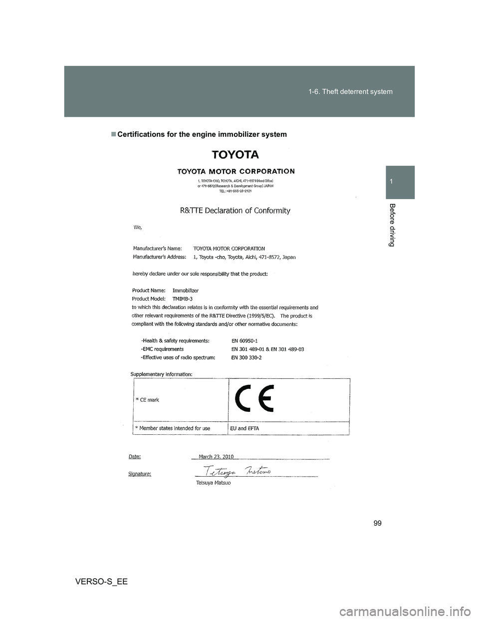 TOYOTA VERSO S 2012 Owners Manual 99 1-6. Theft deterrent system
1
Before driving
VERSO-S_EE
Certifications for the engine immobilizer system TOYOTA VERSO S 2012 Owners Manual 99 1-6. Theft deterrent system
1
Before driving
VERSO-S_EE
Certifications for the engine immobilizer system