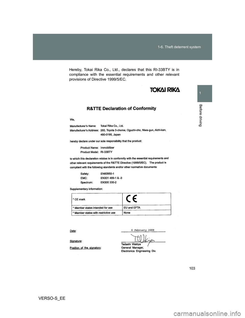 TOYOTA VERSO S 2013 Owners Manual 103 1-6. Theft deterrent system
1
Before driving
VERSO-S_EE
Hereby, Tokai Rika Co., Ltd., declares that this RI-33BTY is in
compliance with the essential requirements and other relevant
provisions of TOYOTA VERSO S 2013 Owners Manual 103 1-6. Theft deterrent system
1
Before driving
VERSO-S_EE
Hereby, Tokai Rika Co., Ltd., declares that this RI-33BTY is in
compliance with the essential requirements and other relevant
provisions of