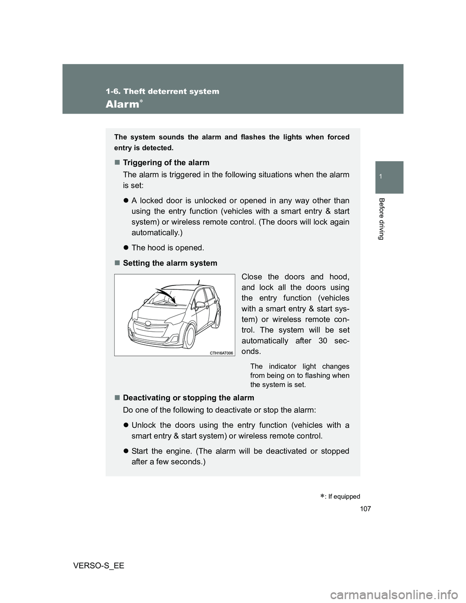 TOYOTA VERSO S 2013 Owners Manual 107
1
1-6. Theft deterrent system
Before driving
VERSO-S_EE
Alarm
: If equipped
The system sounds the alarm and flashes the lights when forced
entry is detected.
Triggering of the alarm
The a TOYOTA VERSO S 2013 Owners Manual 107
1
1-6. Theft deterrent system
Before driving
VERSO-S_EE
Alarm
: If equipped
The system sounds the alarm and flashes the lights when forced
entry is detected.
Triggering of the alarm
The a