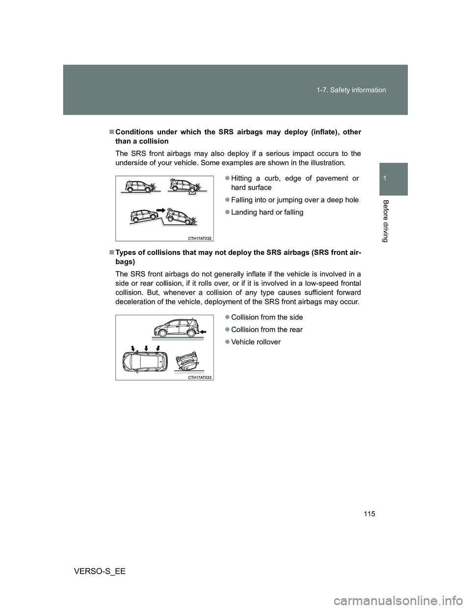 TOYOTA VERSO S 2013 Owners Manual 115 1-7. Safety information
1
Before driving
VERSO-S_EE
Conditions under which the SRS airbags may deploy (inflate), other
than a collision
The SRS front airbags may also deploy if a serious impact TOYOTA VERSO S 2013 Owners Manual 115 1-7. Safety information
1
Before driving
VERSO-S_EE
Conditions under which the SRS airbags may deploy (inflate), other
than a collision
The SRS front airbags may also deploy if a serious impact