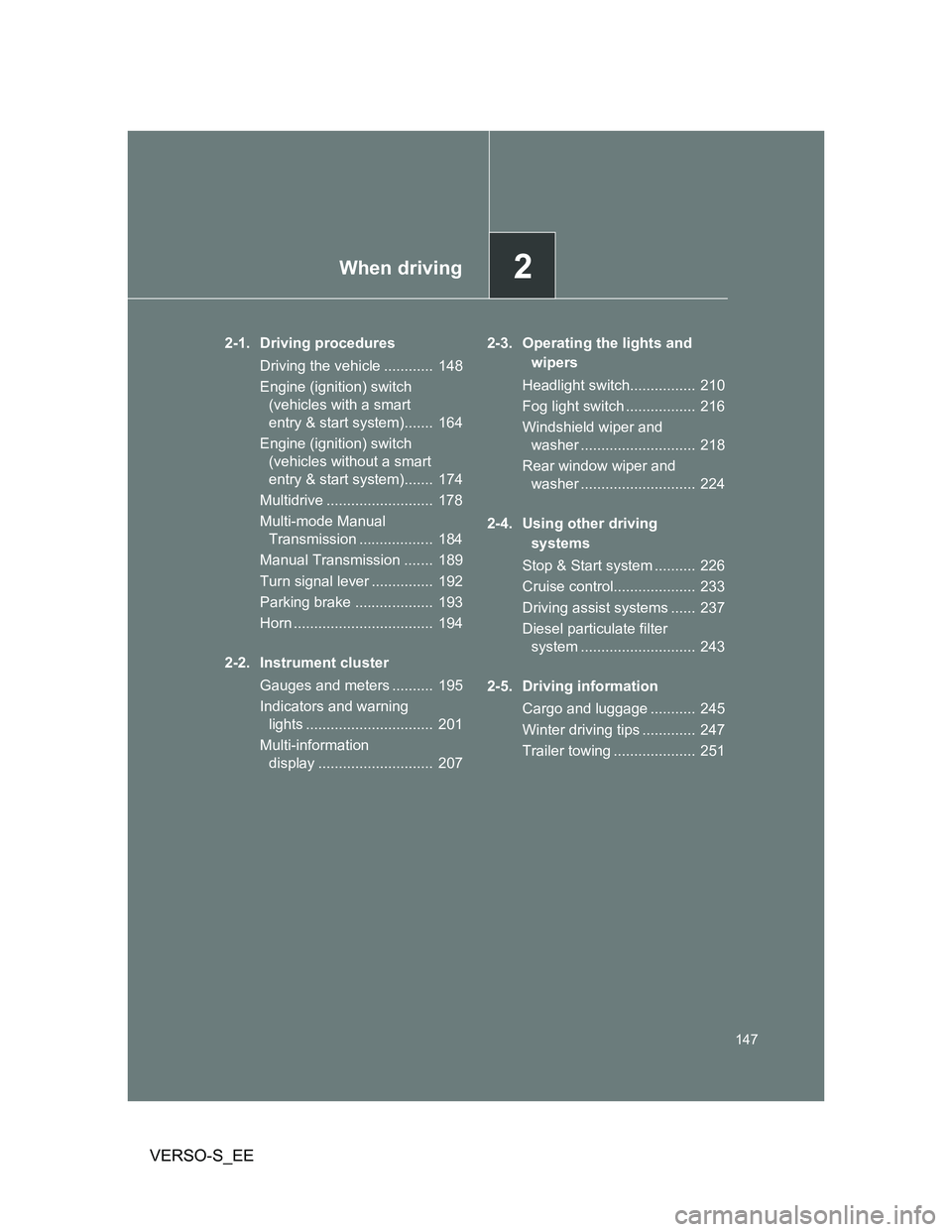 TOYOTA VERSO S 2013 Owners Manual 2When driving
147
VERSO-S_EE
2-1. Driving procedures
Driving the vehicle ............ 148
Engine (ignition) switch
(vehicles with a smart
entry & start system)....... 164
Engine (ignition) switch TOYOTA VERSO S 2013 Owners Manual 2When driving
147
VERSO-S_EE
2-1. Driving procedures
Driving the vehicle ............ 148
Engine (ignition) switch
(vehicles with a smart
entry & start system)....... 164
Engine (ignition) switch